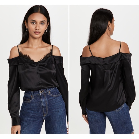 JONATHAN SIMKHAI Caylee Silk Lace Plisse Off Shoulder  Button Down Blouse Top - Picture 6 of 16